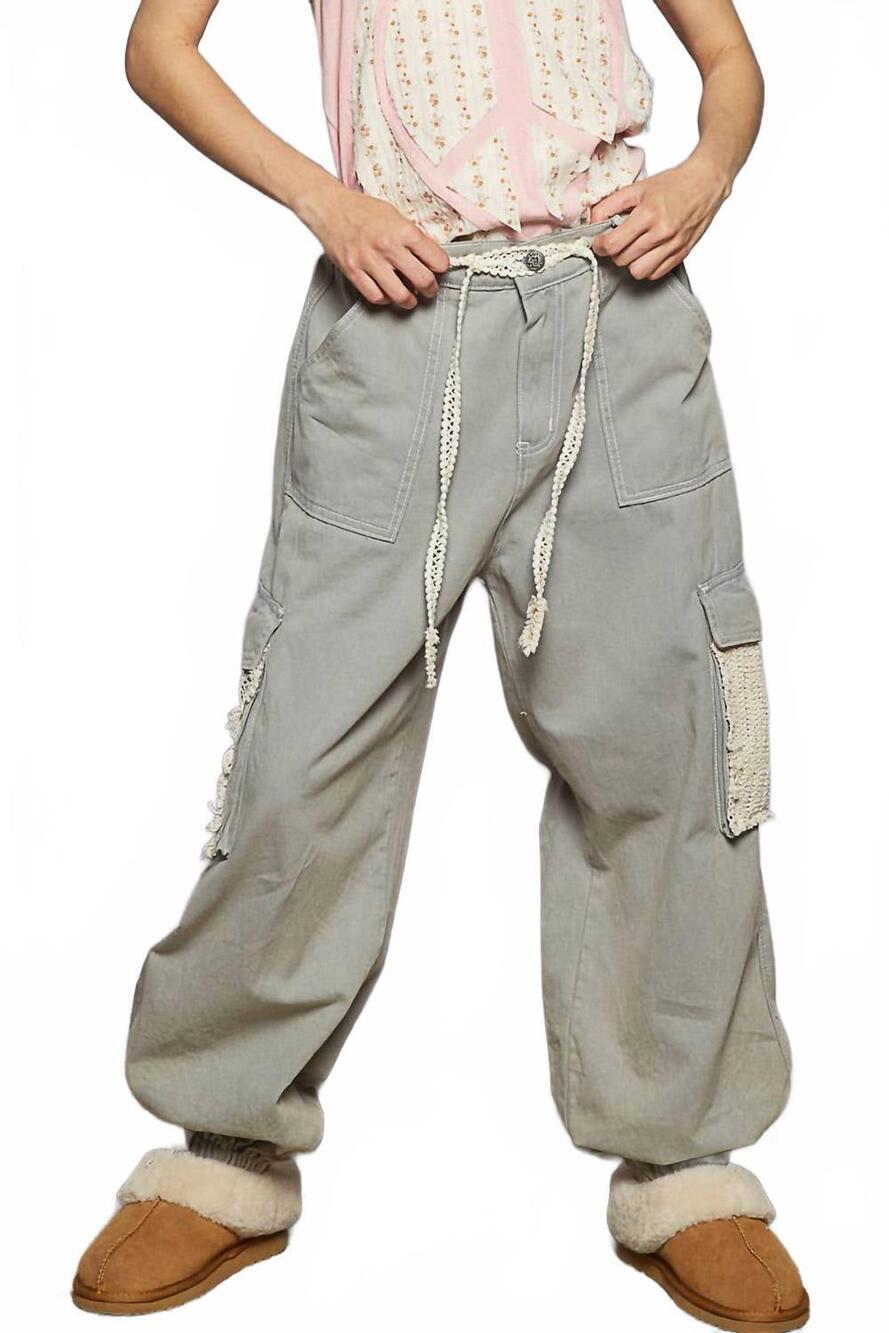 NEW POL crochet overlay pockets woven twill pants in dove grey